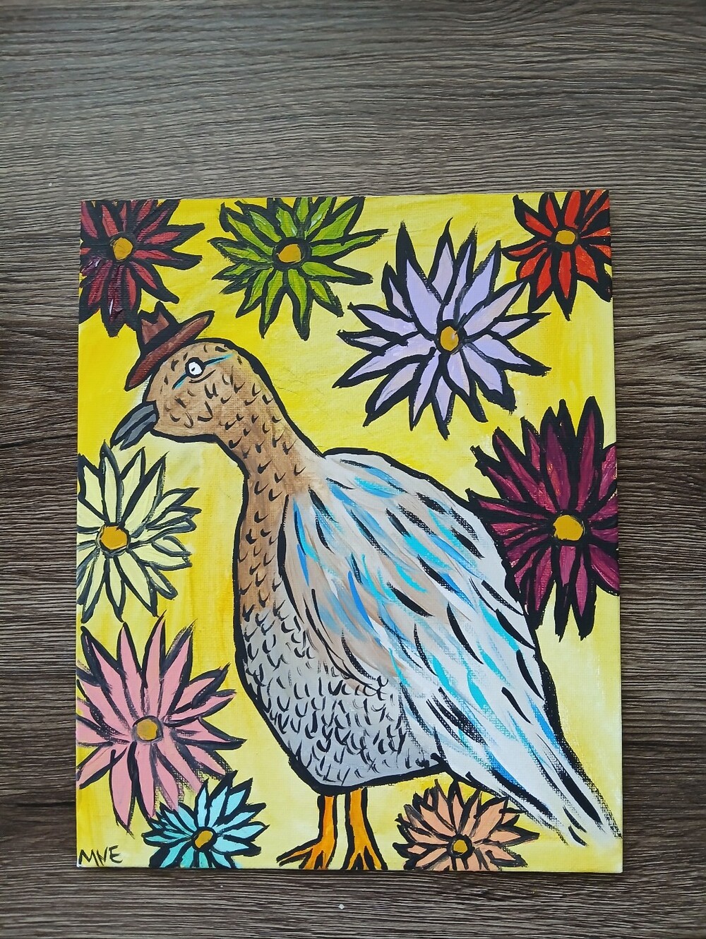 Pigeon And Flowers Painting Folk Art